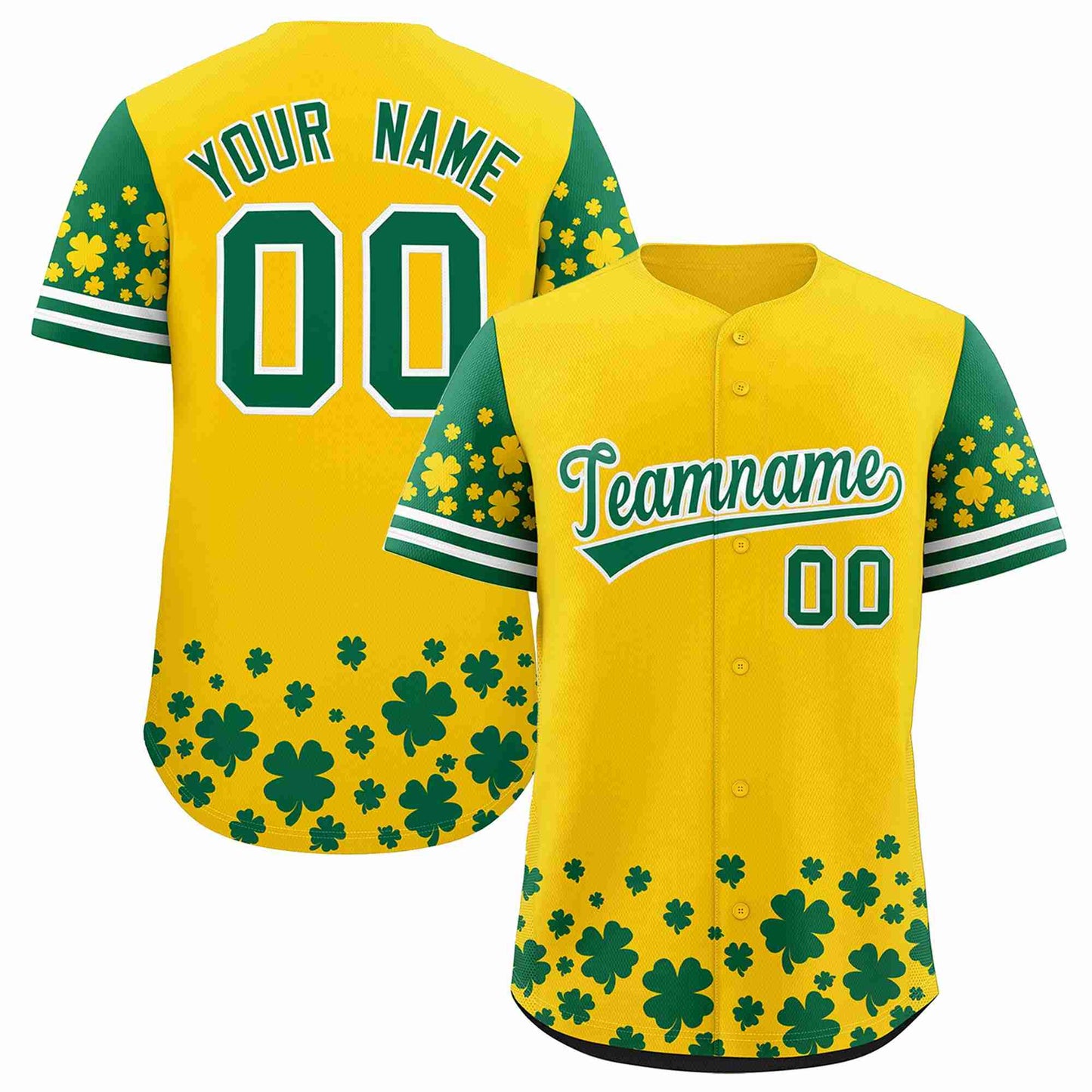 Custom Gold Kelly Green St.Patrick's Day Personalized Four Leaf Clover Pattern Baseball Jersey