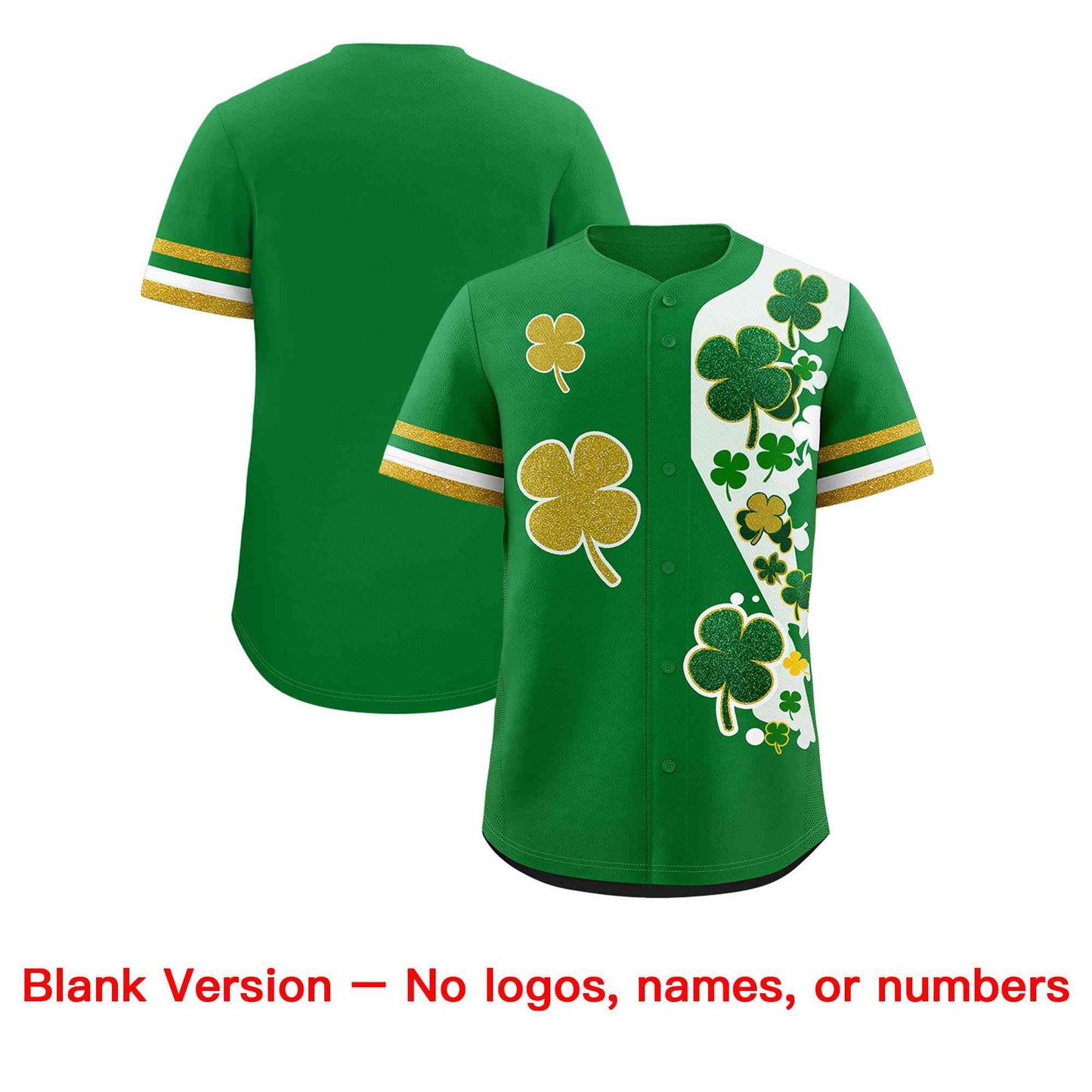 Custom Kelly Green Gold St.Patrick's Day Personalized Four Leaf Clover Pattern Baseball Jersey Limited