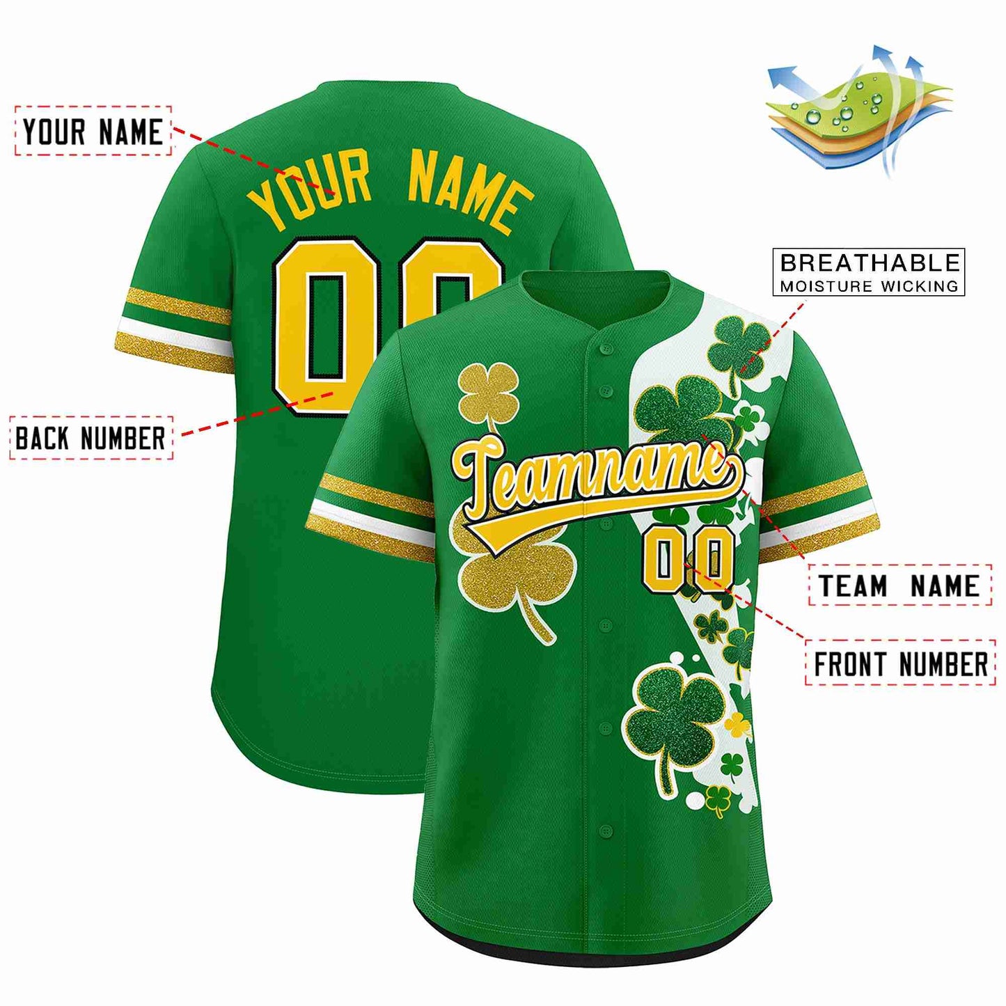 Custom Kelly Green Gold St.Patrick's Day Personalized Four Leaf Clover Pattern Baseball Jersey Limited