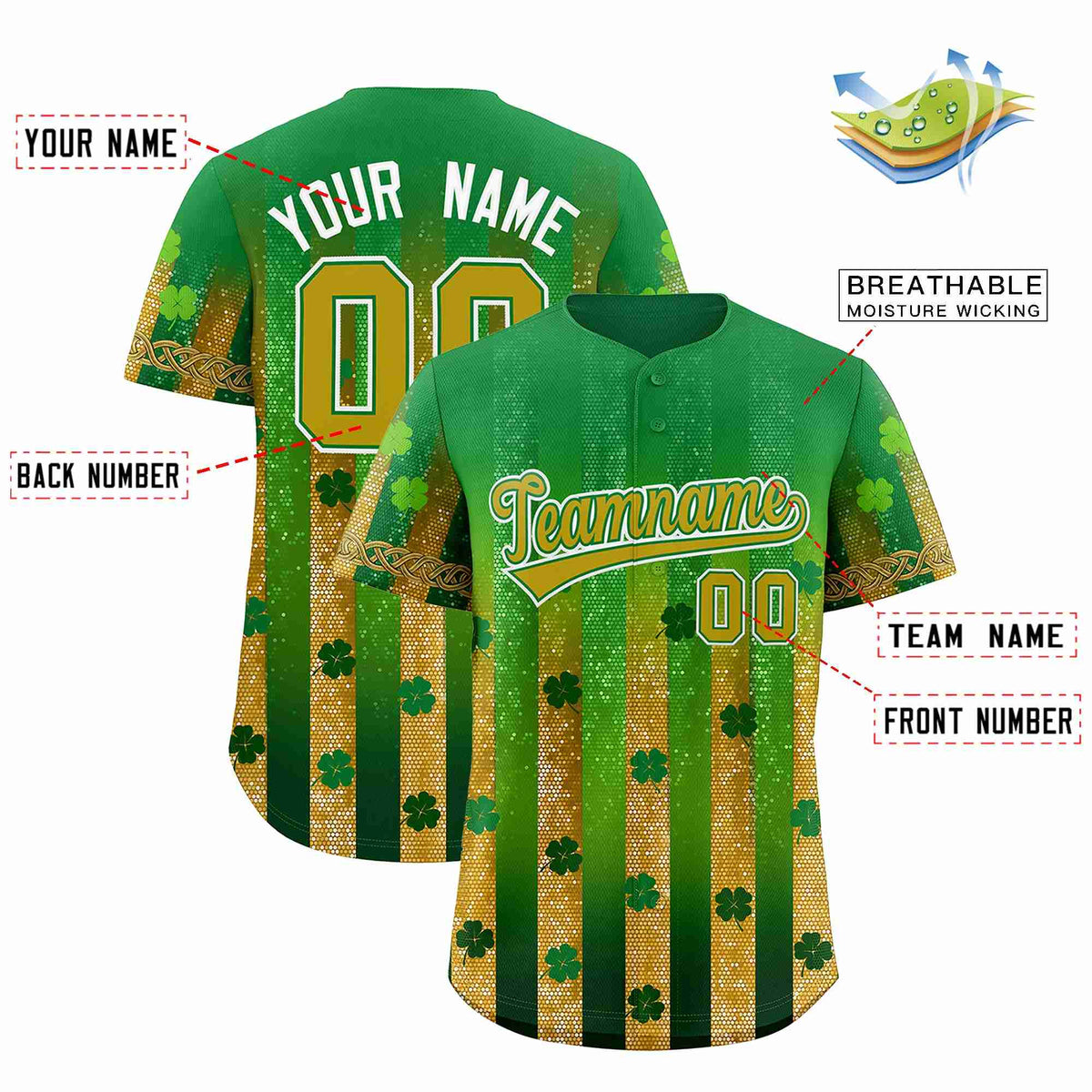 Custom Kelly Green Green St.Patrick's Day Personalized Four Leaf Clover Pattern Baseball Jersey Limited