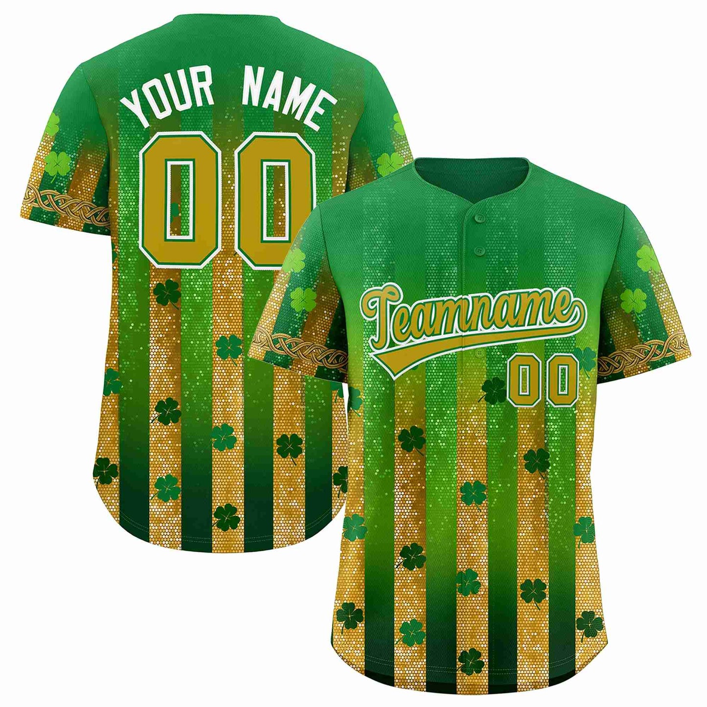 Custom Kelly Green Green St.Patrick's Day Personalized Four Leaf Clover Pattern Baseball Jersey