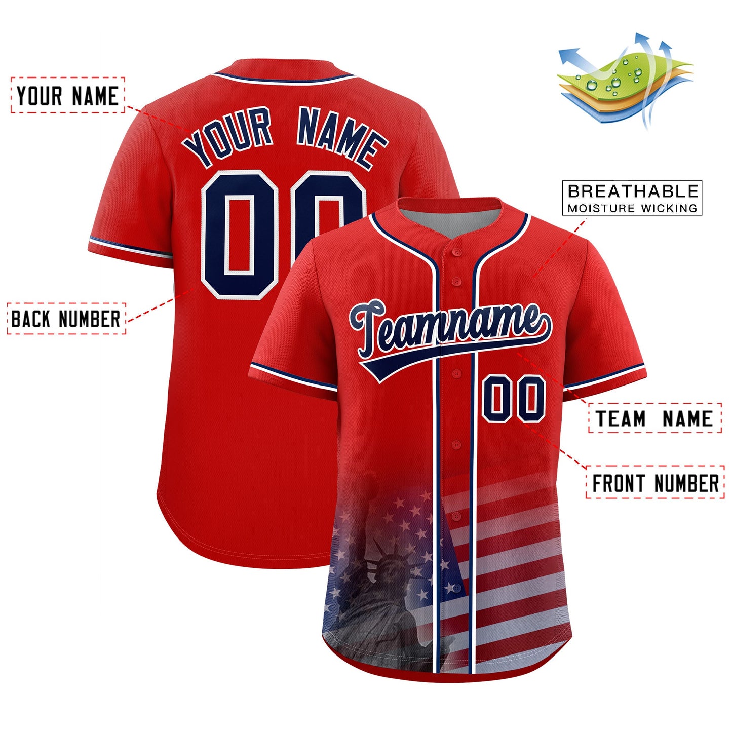 Custom Red American Flag Patriotic Gradient Fashion Personalized Baseball Jersey Limited