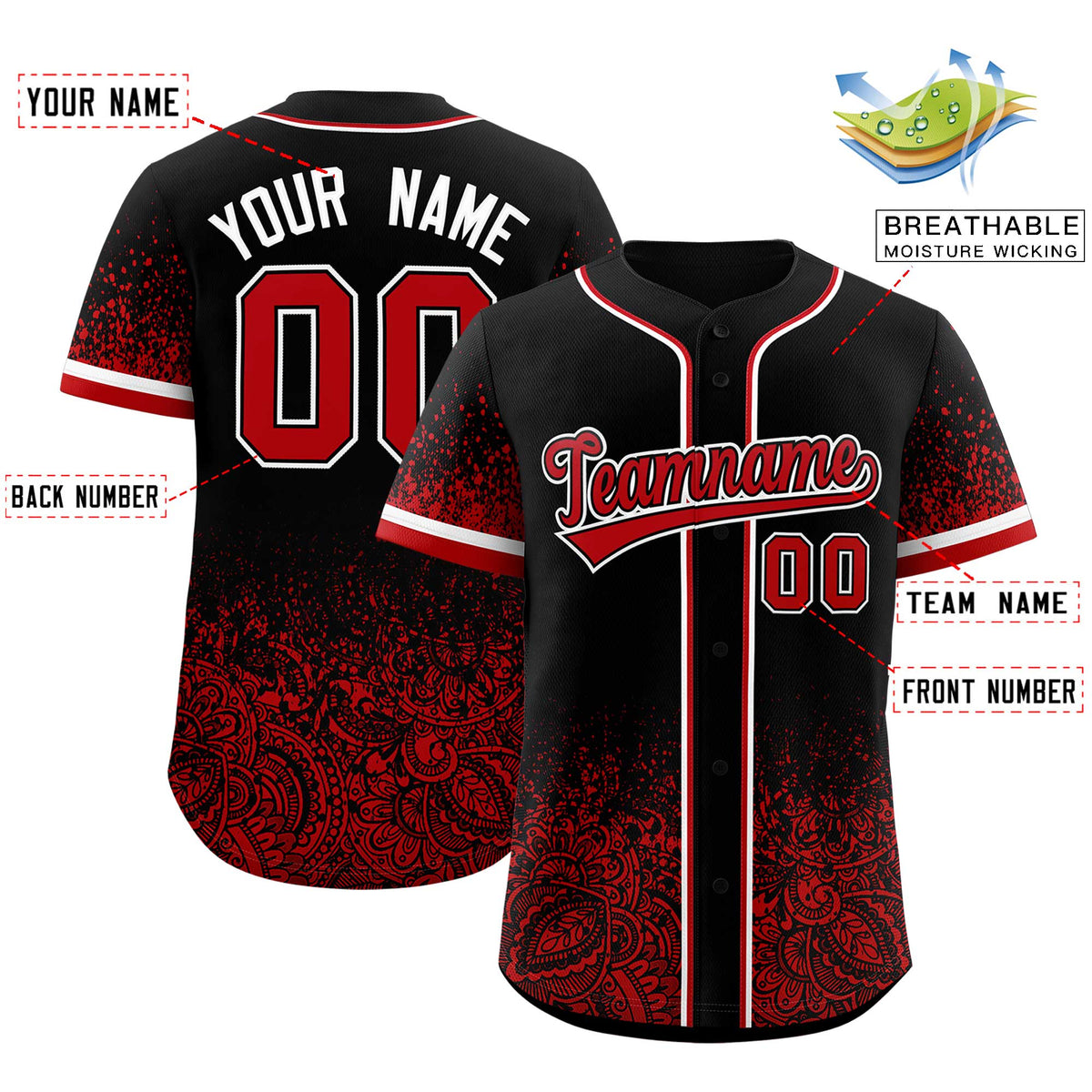 Custom Black Red Floral Print Pattern Full Button Gradient Fashion Baseball Jersey Limited