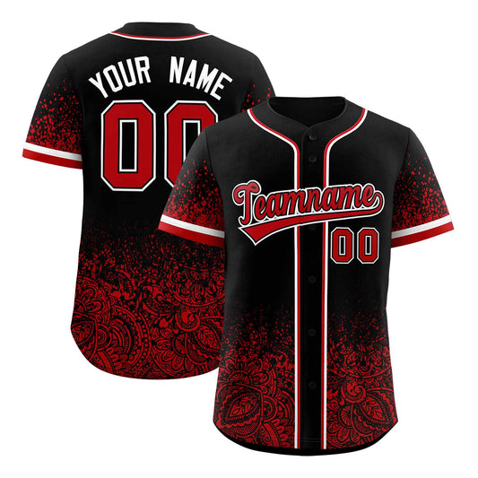 Custom Black Red Floral Print Pattern Full Button Gradient Fashion Baseball Jersey