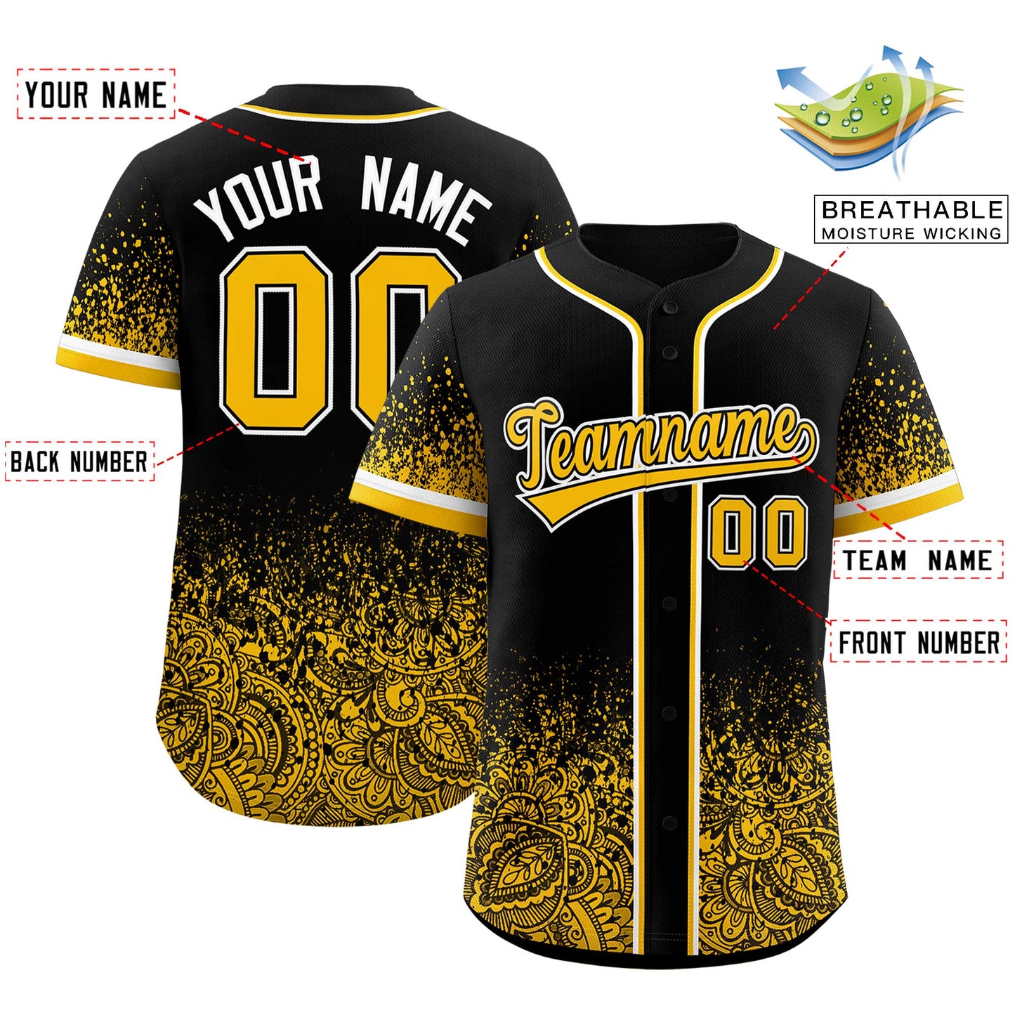 Custom Black Yellow Floral Print Pattern Full Button Gradient Fashion Baseball Jersey Limited
