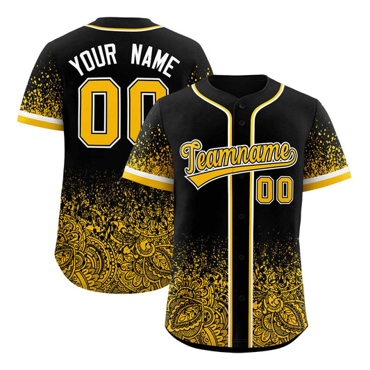 Custom Black Yellow Floral Print Pattern Full Button Gradient Fashion Baseball Jersey