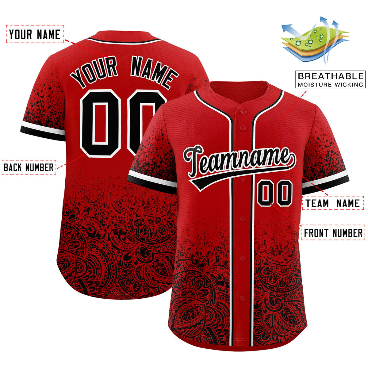 Custom Red Black Floral Print Pattern Full Button Gradient Fashion Baseball Jersey Limited
