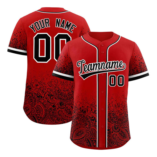 Custom Red Black Floral Print Pattern Full Button Gradient Fashion Baseball Jersey