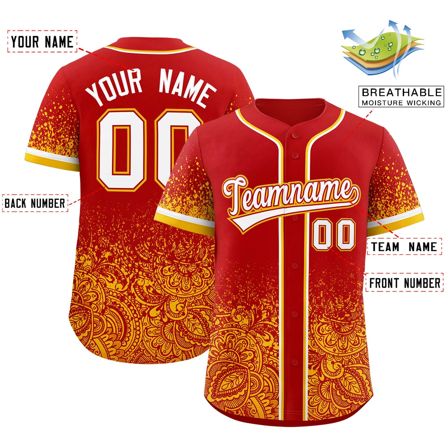 Custom Red Yellow Floral Print Pattern Full Button Gradient Fashion Baseball Jersey Limited