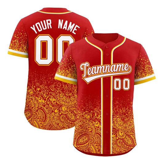 Custom Red Yellow Floral Print Pattern Full Button Gradient Fashion Baseball Jersey