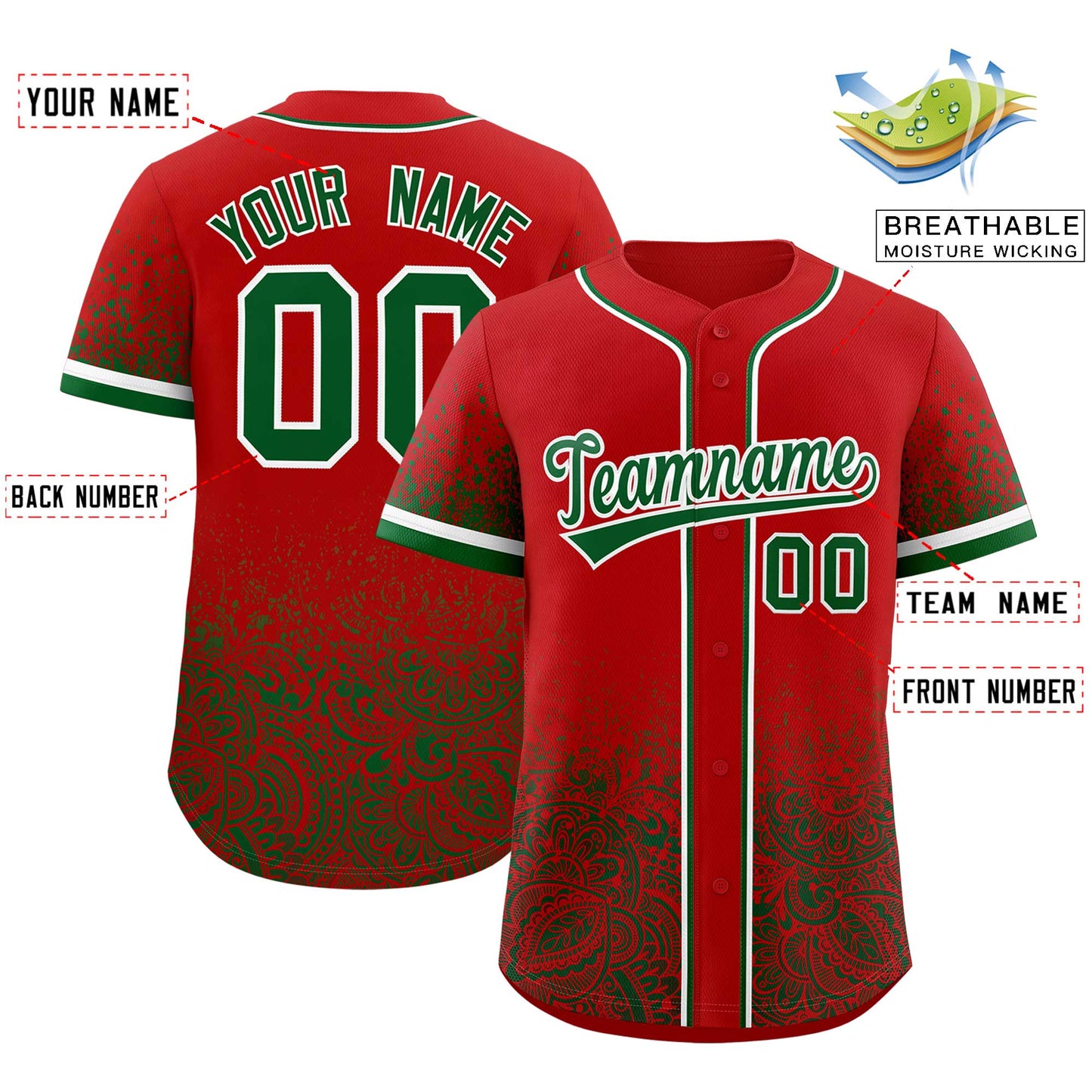Custom Red Kelly Green Floral Print Pattern Full Button Gradient Fashion Baseball Jersey Limited
