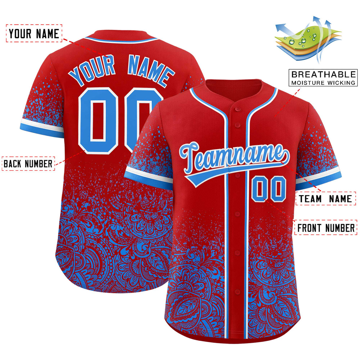 Custom Red Light Blue Floral Print Pattern Full Button Gradient Fashion Baseball Jersey Limited