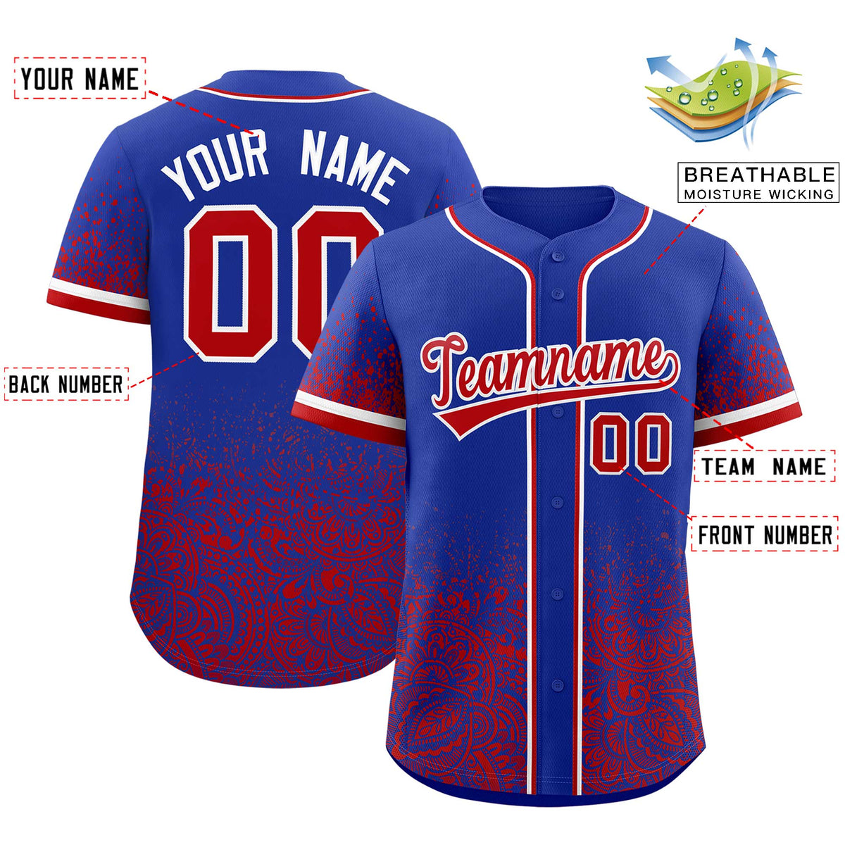 Custom Royal Red Floral Print Pattern Full Button Gradient Fashion Baseball Jersey Limited