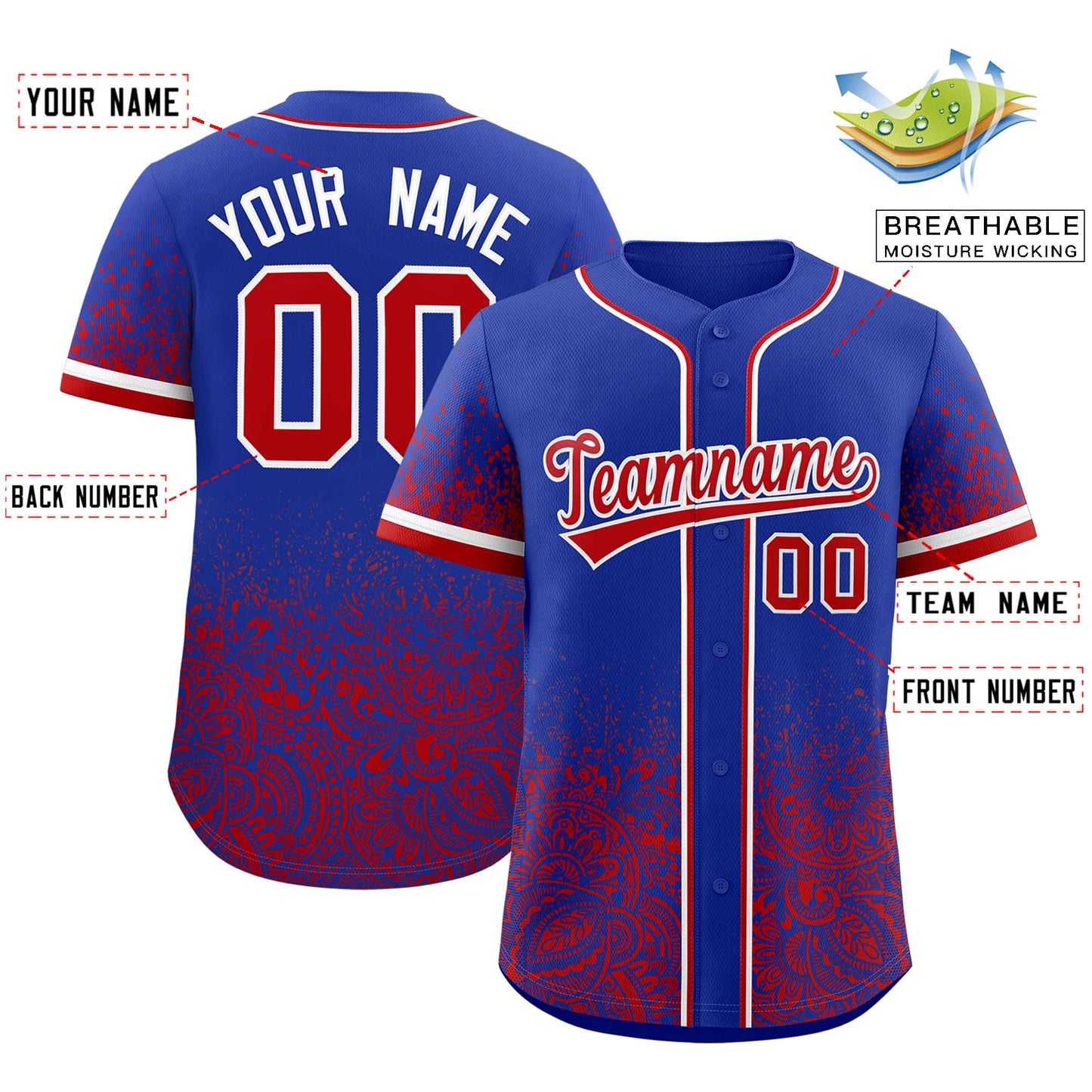 Custom Royal Red Floral Print Pattern Full Button Gradient Fashion Baseball Jersey Limited