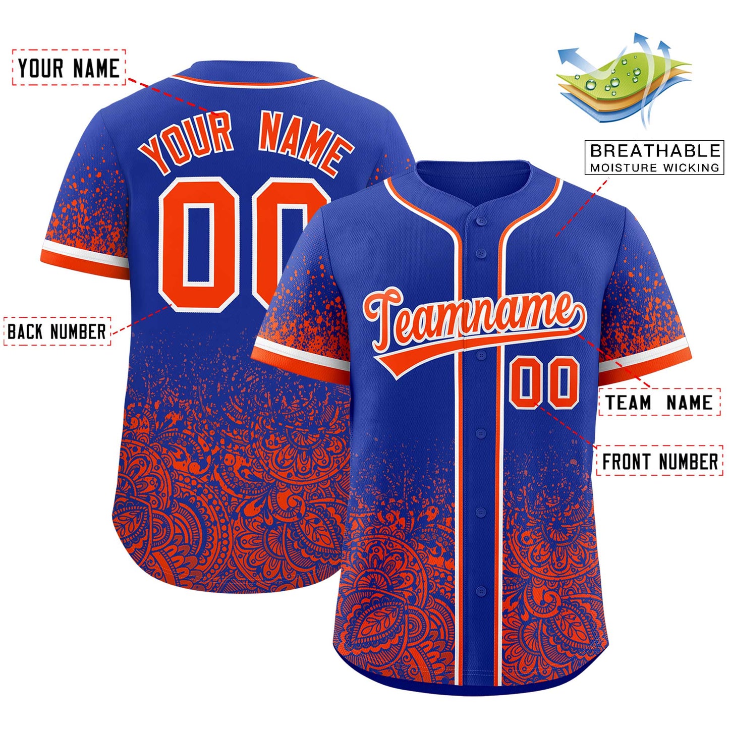 Custom Royal Orange Floral Print Pattern Full Button Gradient Fashion Baseball Jersey Limited