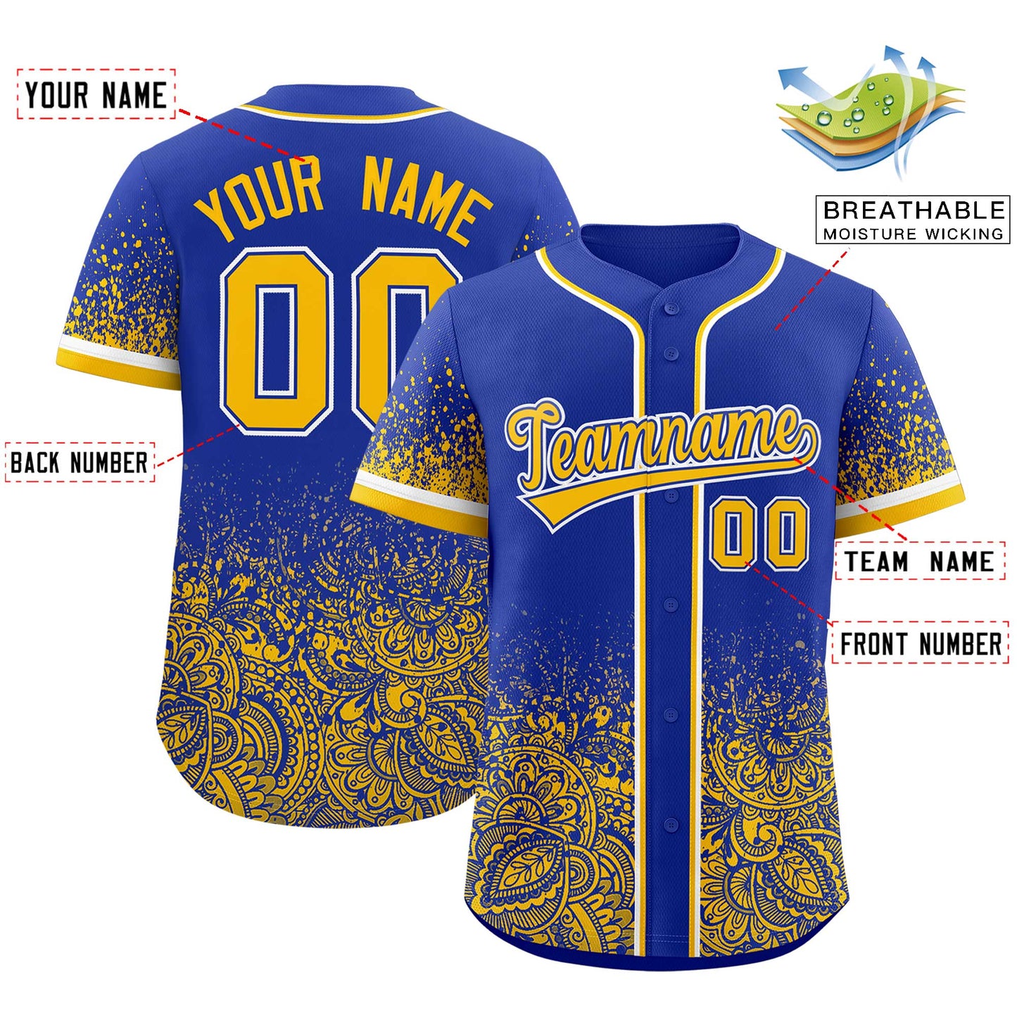 Custom Royal Yellow Floral Print Pattern Full Button Gradient Fashion Baseball Jersey Limited