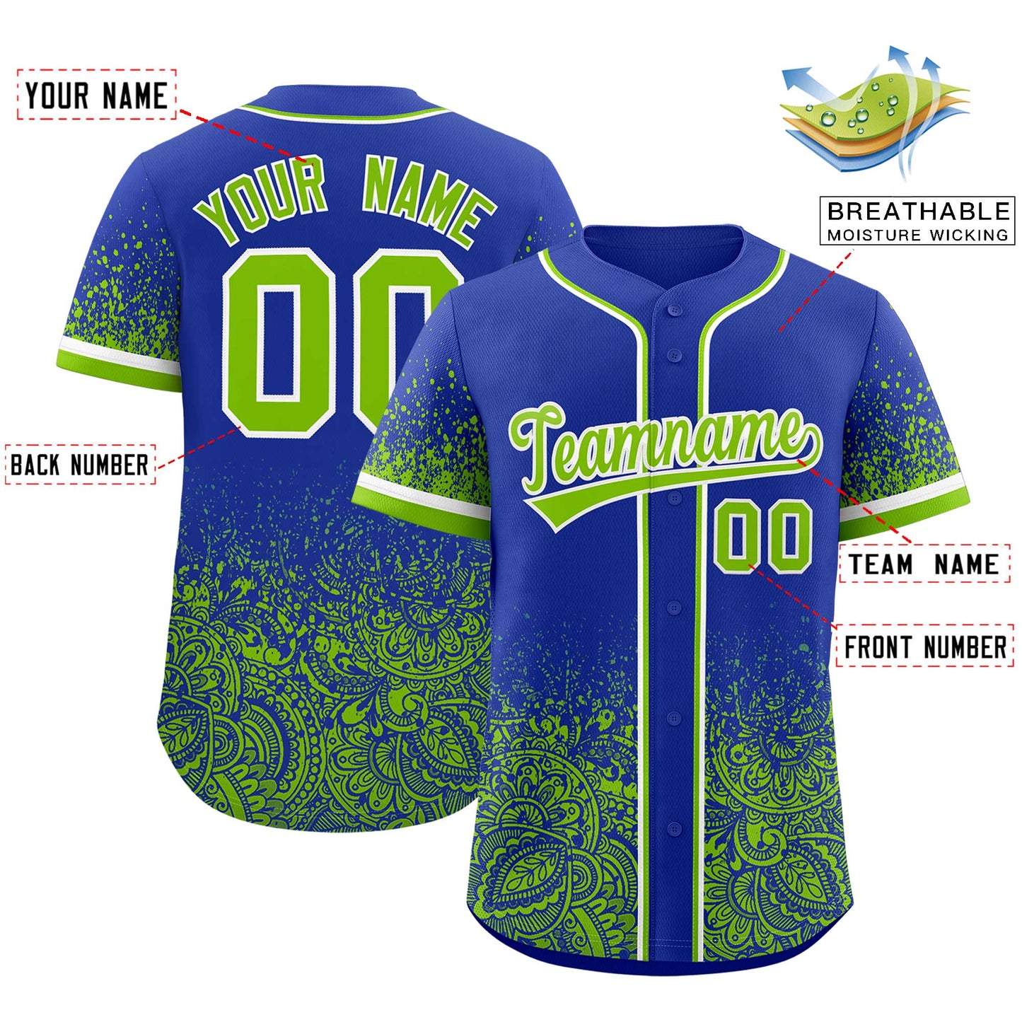 Custom Royal Neon Green Floral Print Pattern Full Button Gradient Fashion Baseball Jersey Limited