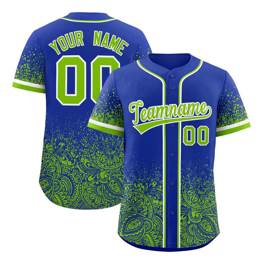 Custom Royal Neon Green Floral Print Pattern Full Button Gradient Fashion Baseball Jersey