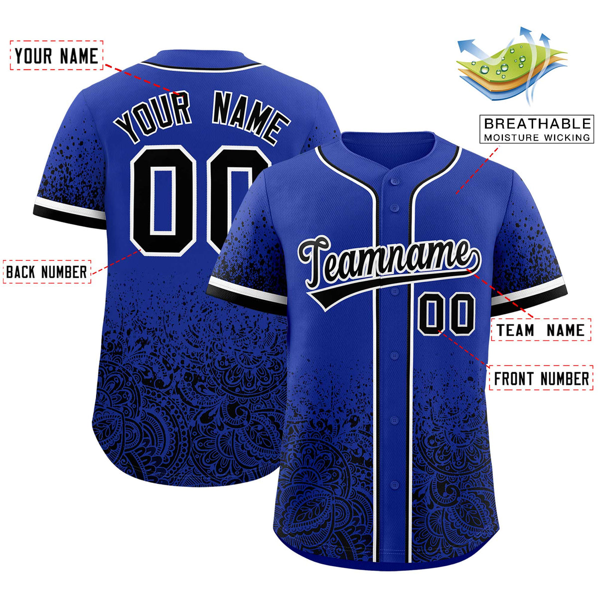 Custom Royal Black Floral Print Pattern Full Button Gradient Fashion Baseball Jersey Limited