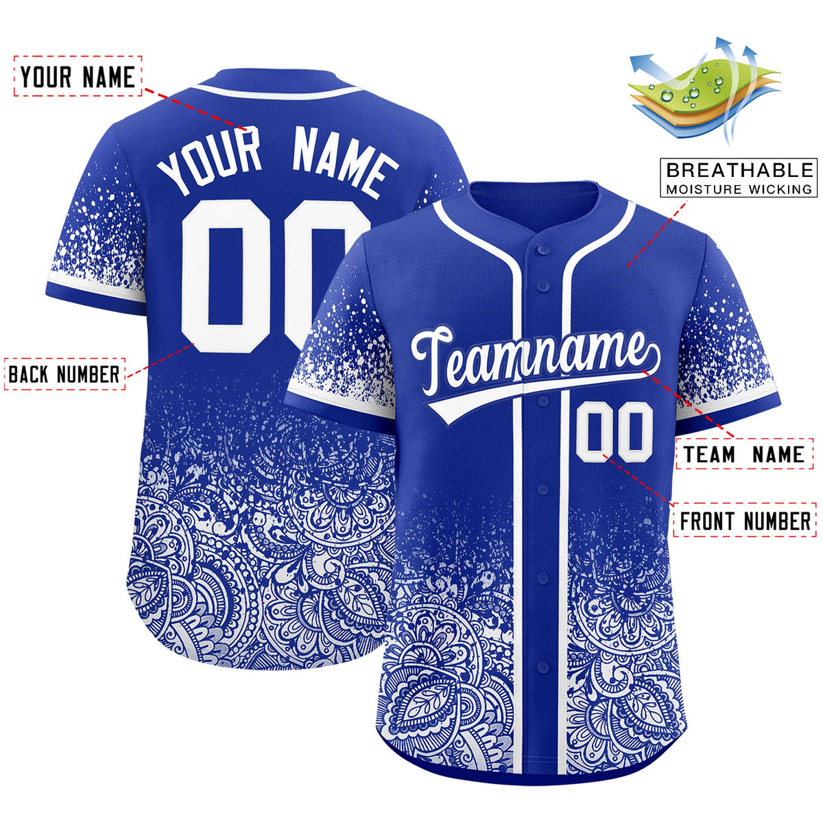 Custom Royal White Floral Print Pattern Full Button Gradient Fashion Baseball Jersey Limited