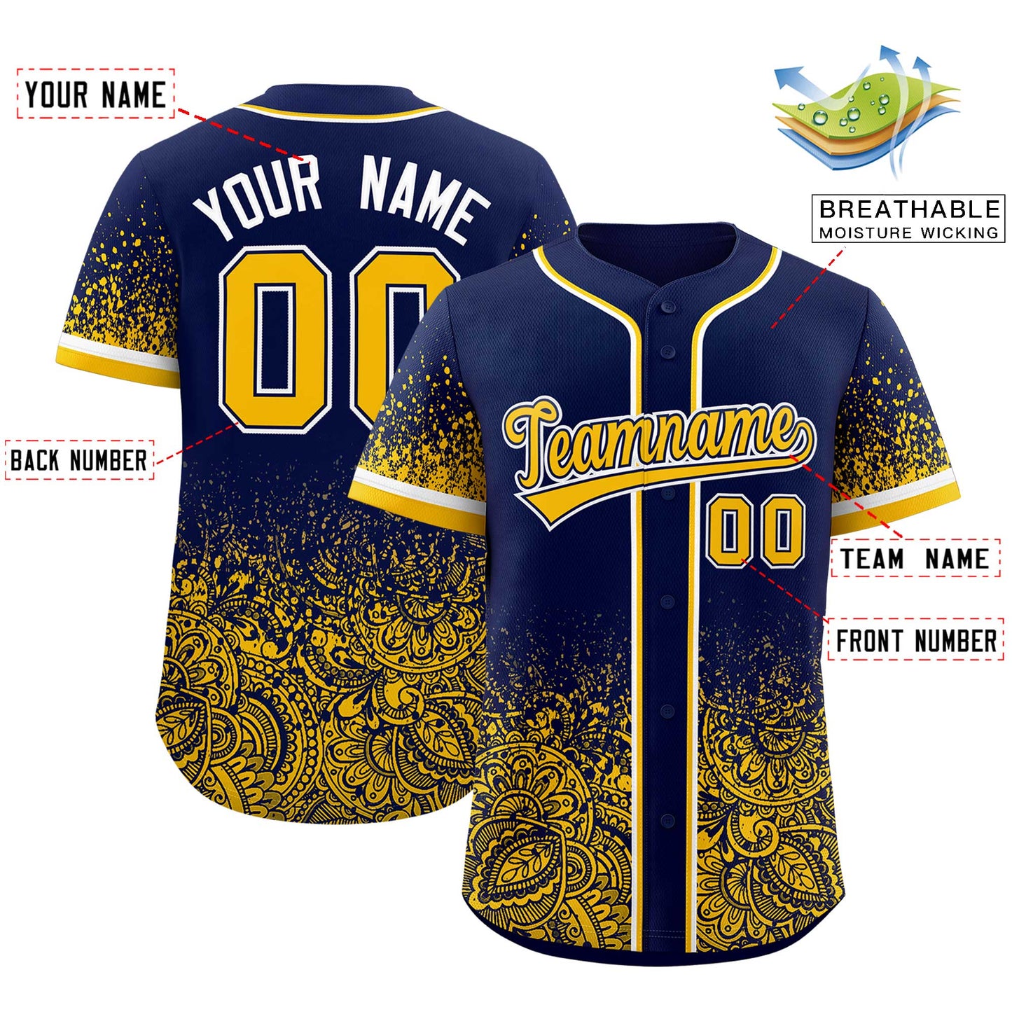 Custom Navy Yellow Floral Print Pattern Full Button Gradient Fashion Baseball Jersey Limited