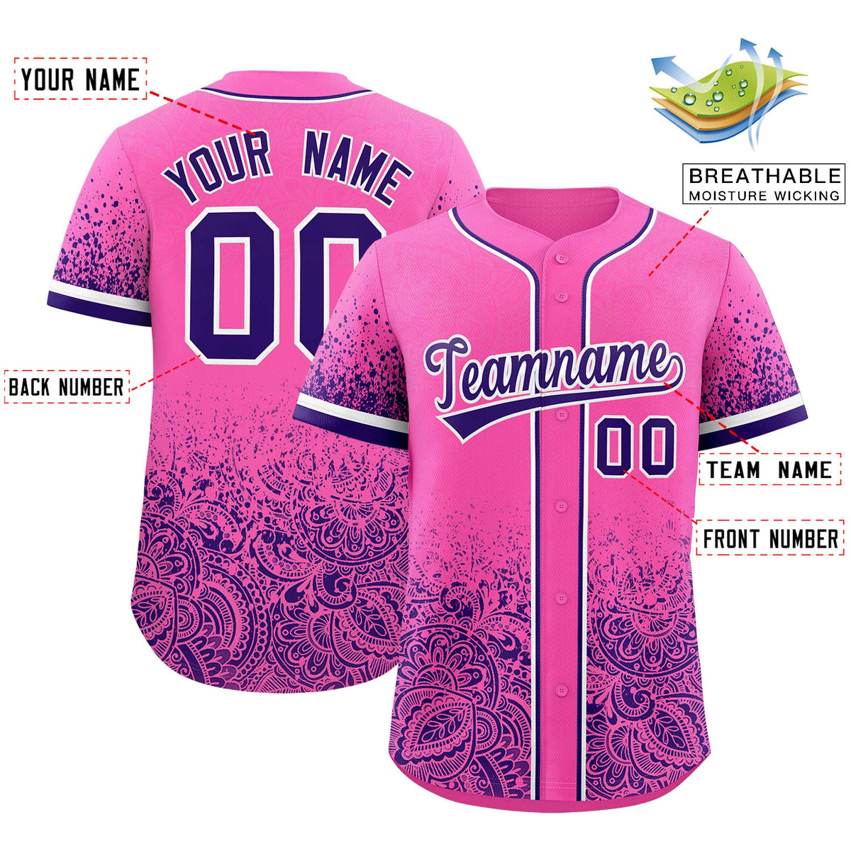 Custom Pink Purple Floral Print Pattern Full Button Gradient Fashion Baseball Jersey Limited