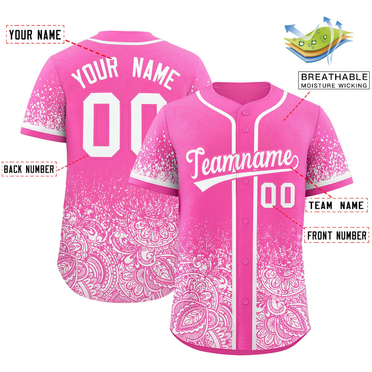 Custom Pink White Floral Print Pattern Full Button Gradient Fashion Baseball Jersey Limited