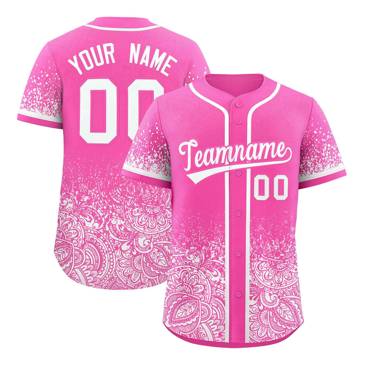 Custom Pink White Floral Print Pattern Full Button Gradient Fashion Baseball Jersey