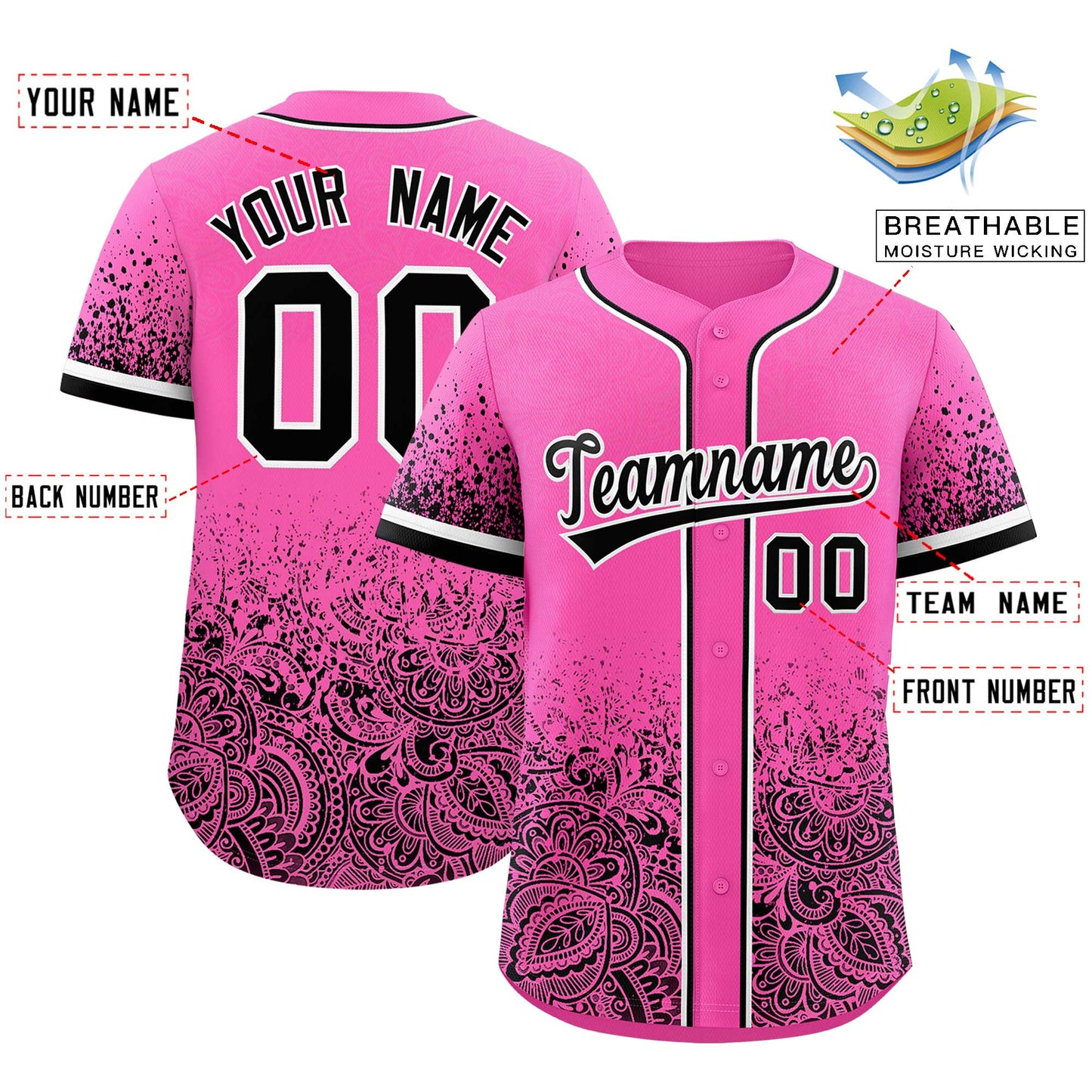 Custom Pink Black Floral Print Pattern Full Button Gradient Fashion Baseball Jersey Limited