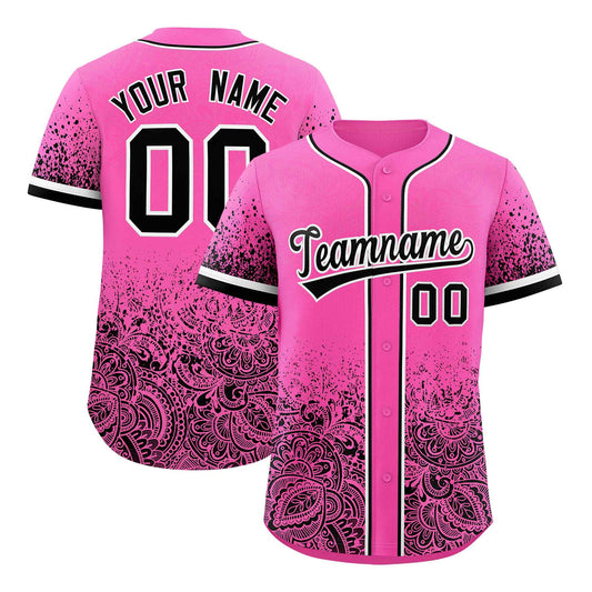 Custom Pink Black Floral Print Pattern Full Button Gradient Fashion Baseball Jersey