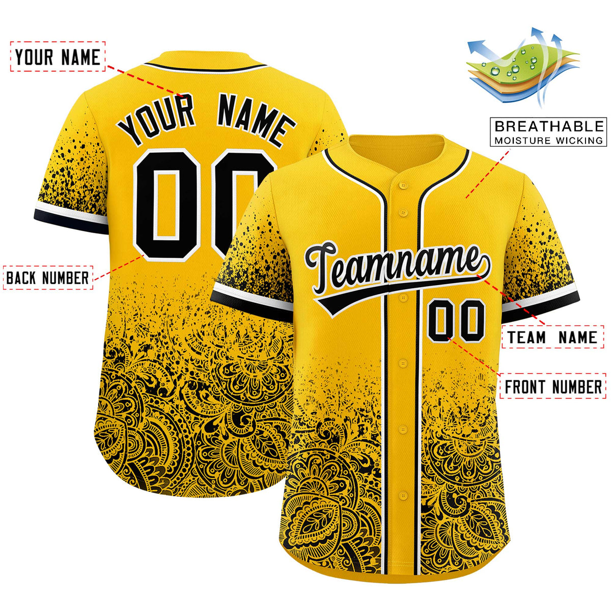 Custom Yellow Black Floral Print Pattern Full Button Gradient Fashion Baseball Jersey Limited