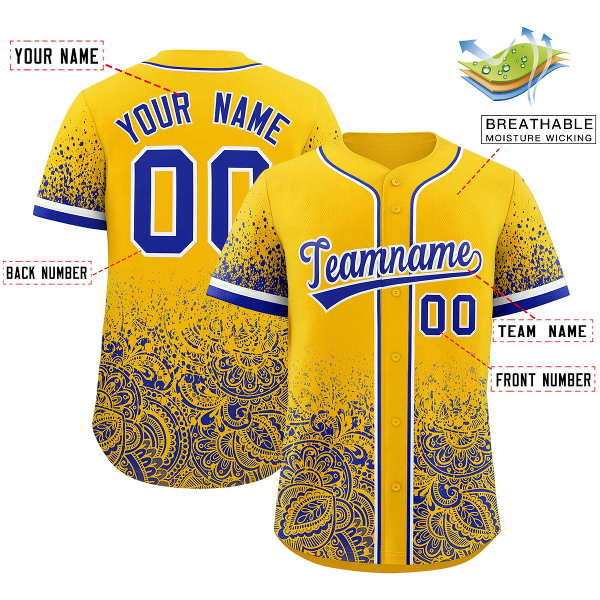 Custom Yellow Royal Floral Print Pattern Full Button Gradient Fashion Baseball Jersey Limited