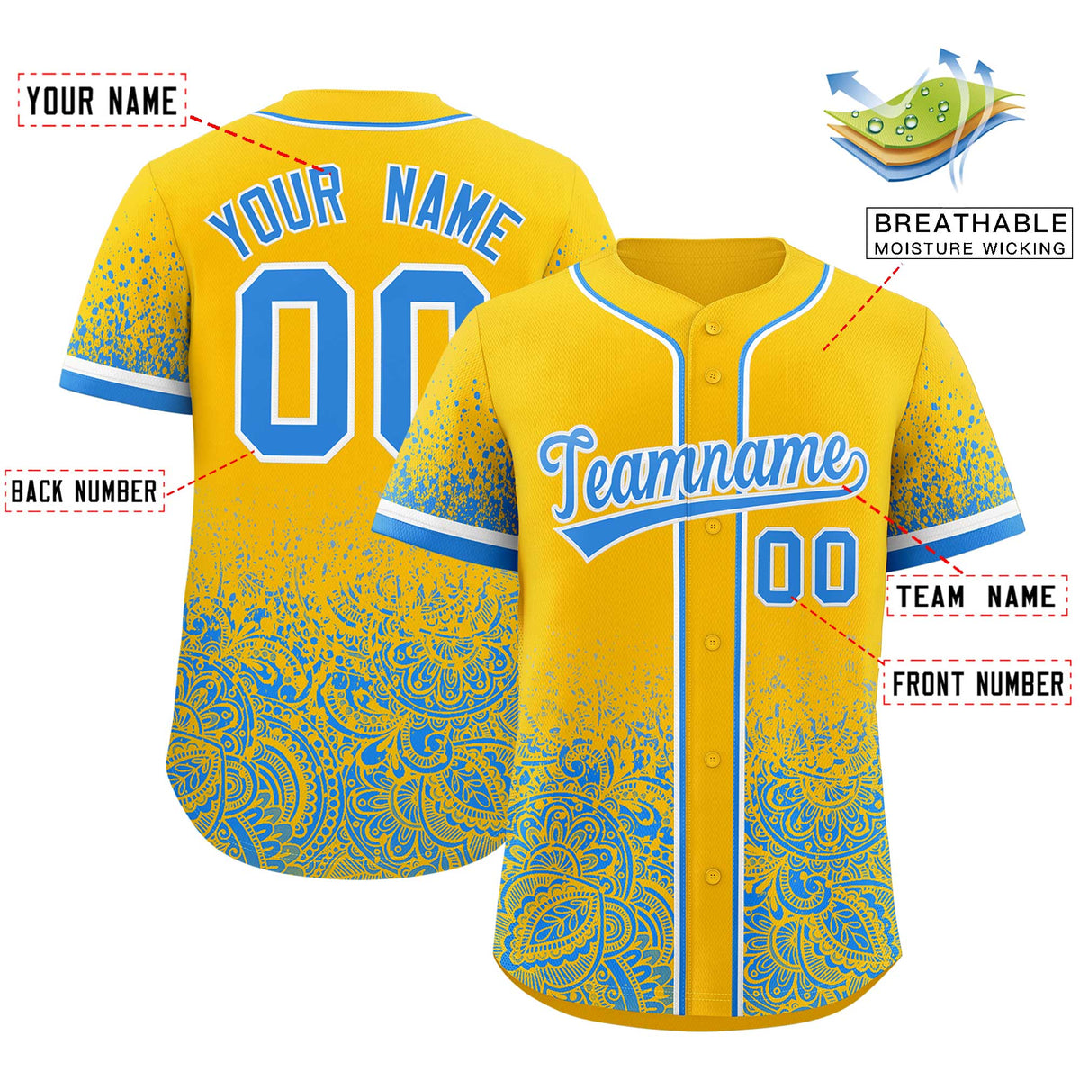 Custom Yellow Light Blue Floral Print Pattern Full Button Gradient Fashion Baseball Jersey Limited