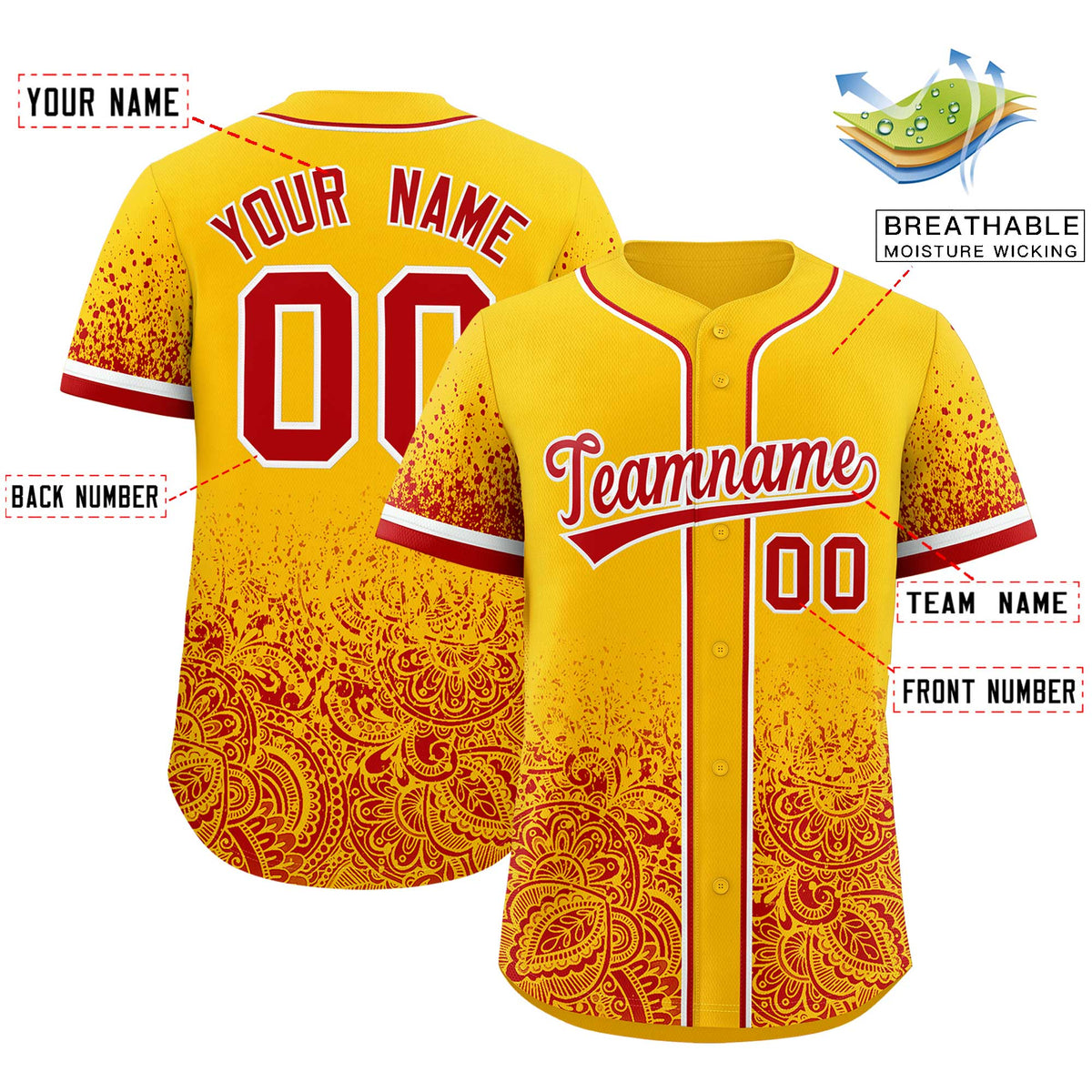 Custom Yellow Red Floral Print Pattern Full Button Gradient Fashion Baseball Jersey Limited