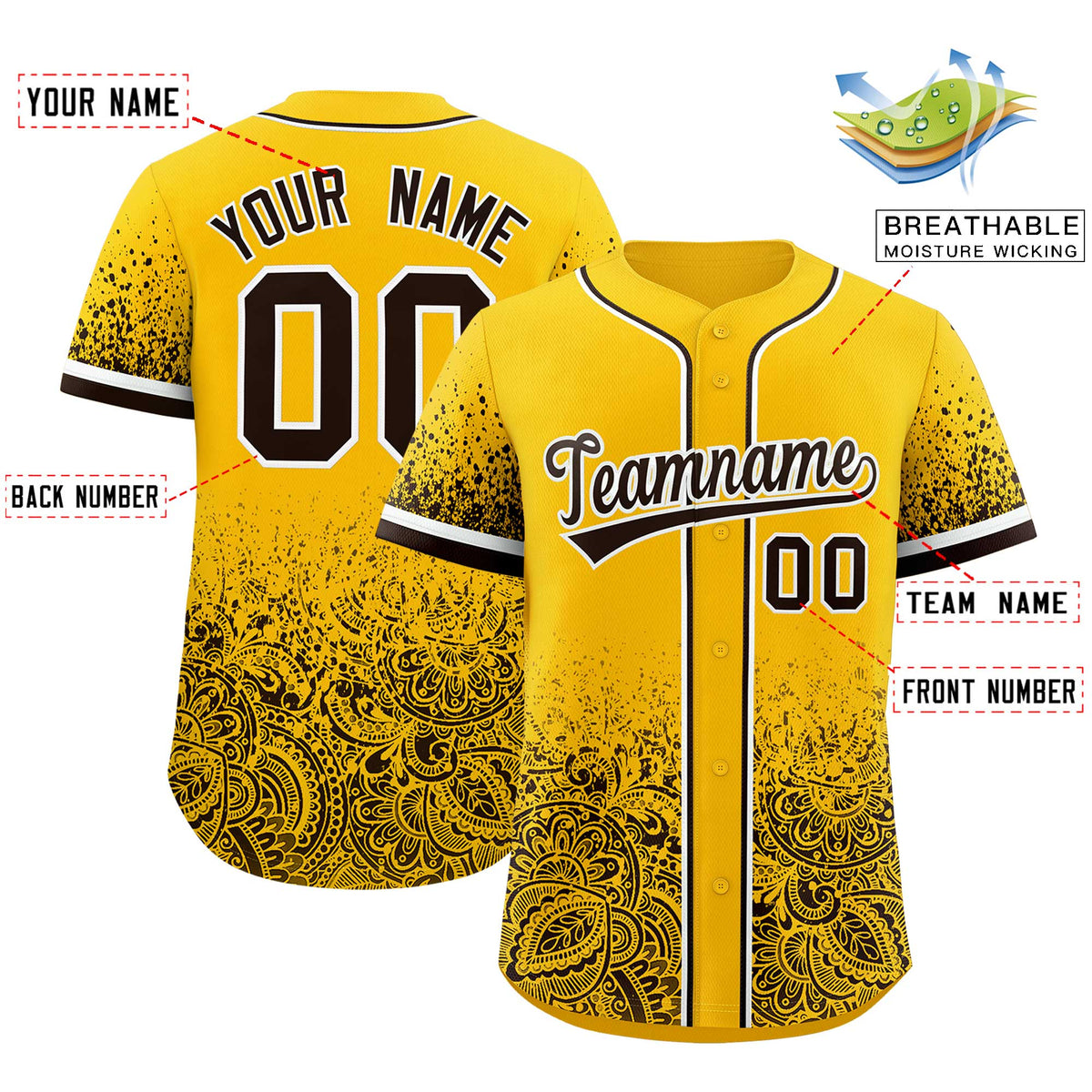 Custom Yellow Brown Floral Print Pattern Full Button Gradient Fashion Baseball Jersey Limited