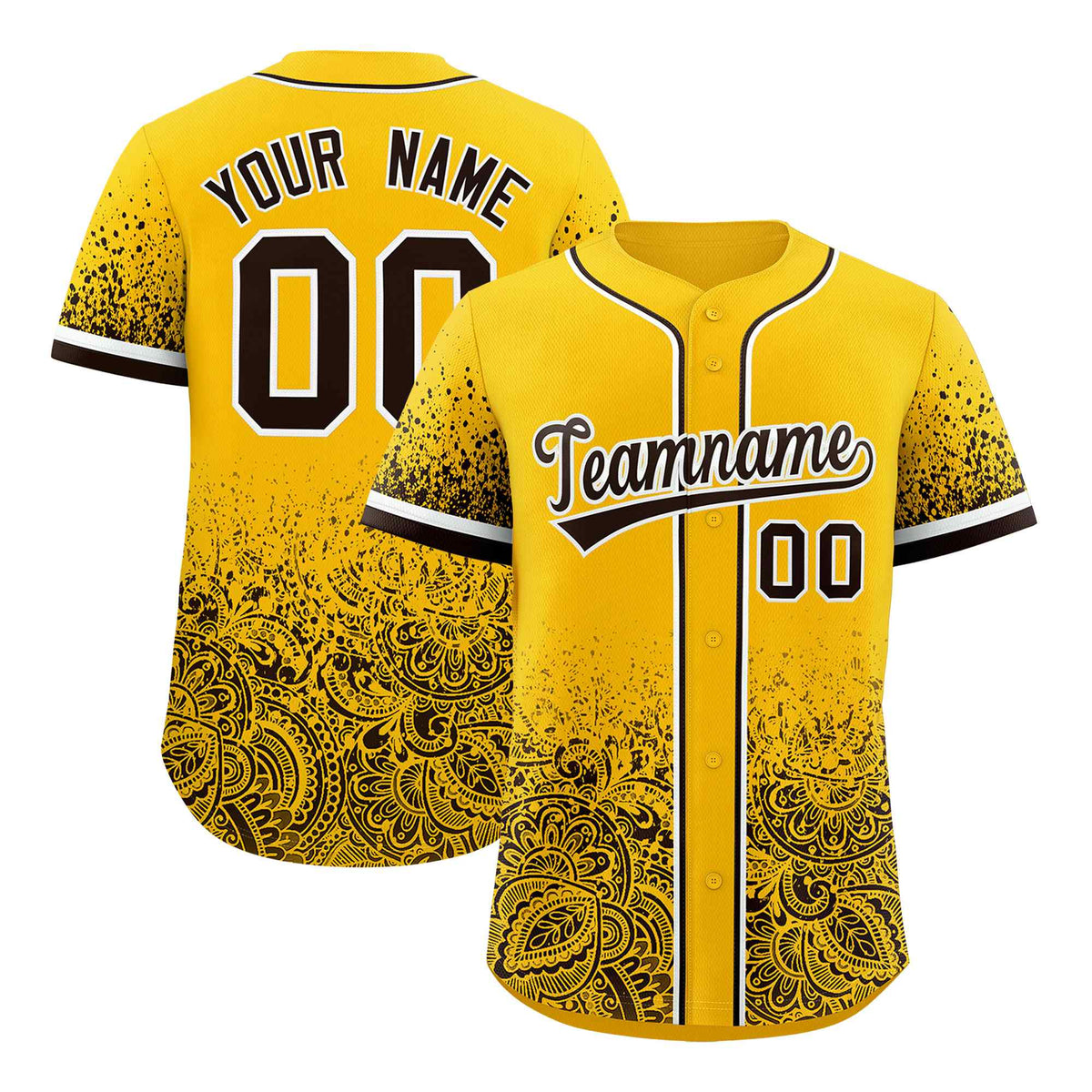 Custom Yellow Brown Floral Print Pattern Full Button Gradient Fashion Baseball Jersey