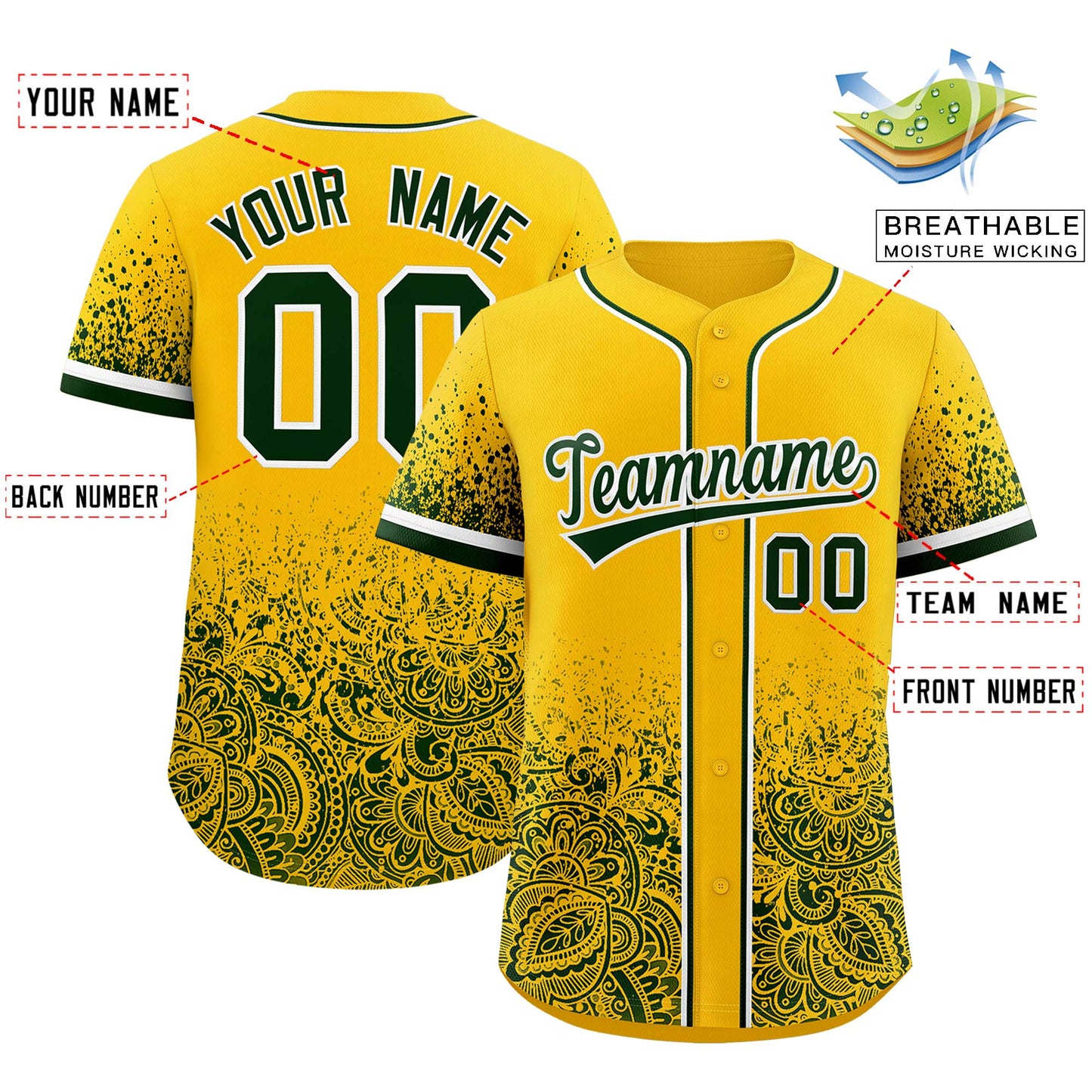 Custom Yellow Green Floral Print Pattern Full Button Gradient Fashion Baseball Jersey Limited