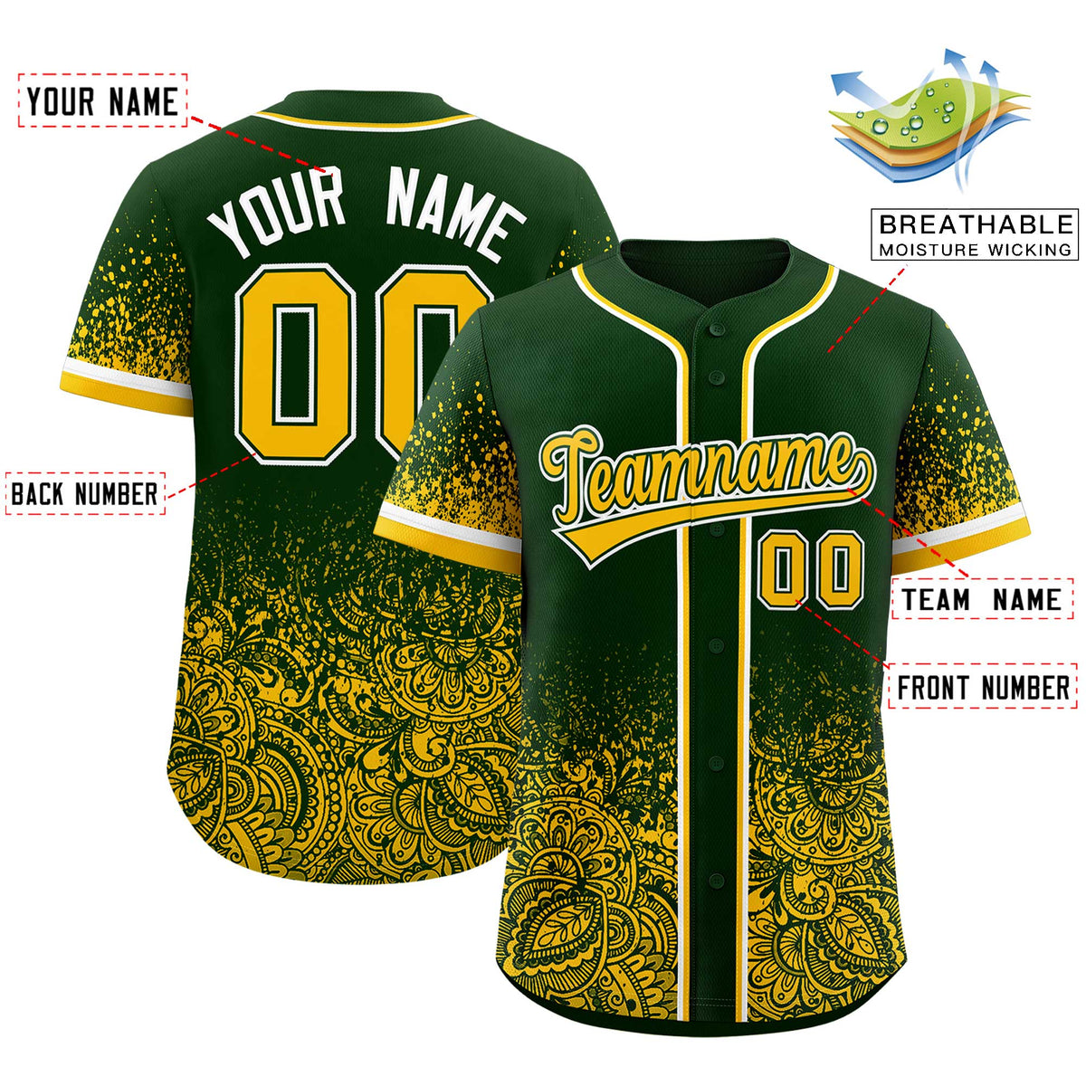 Custom Green Yellow Floral Print Pattern Full Button Gradient Fashion Baseball Jersey Limited