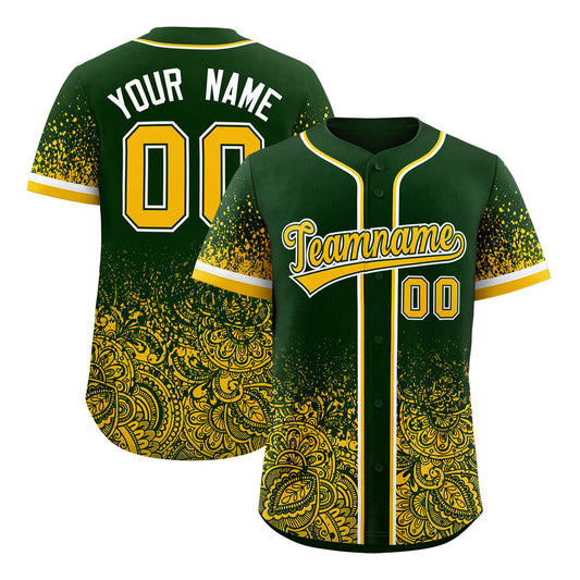 Custom Green Yellow Floral Print Pattern Full Button Gradient Fashion Baseball Jersey