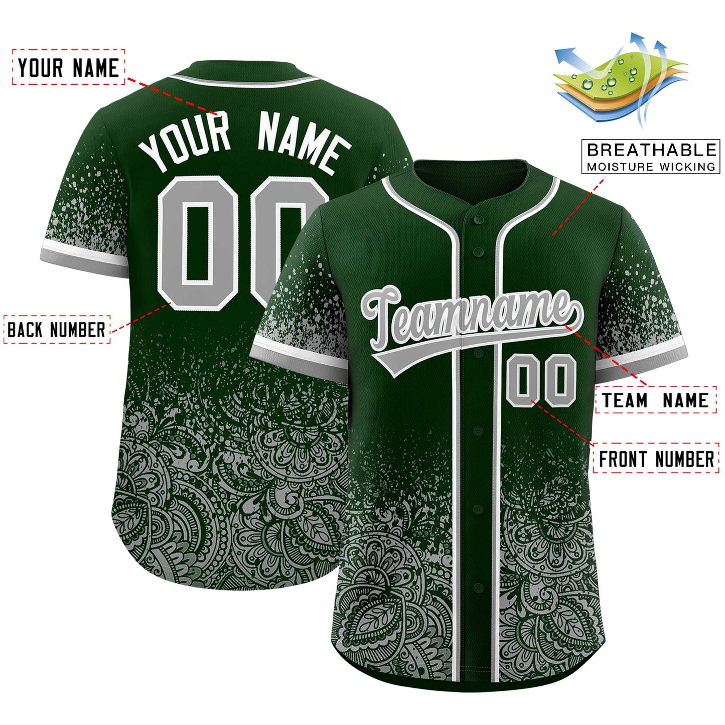 Custom Green Gray Floral Print Pattern Full Button Gradient Fashion Baseball Jersey Limited
