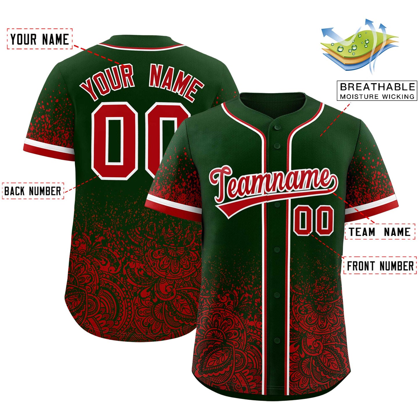 Custom Green Red Floral Print Pattern Full Button Gradient Fashion Baseball Jersey Limited