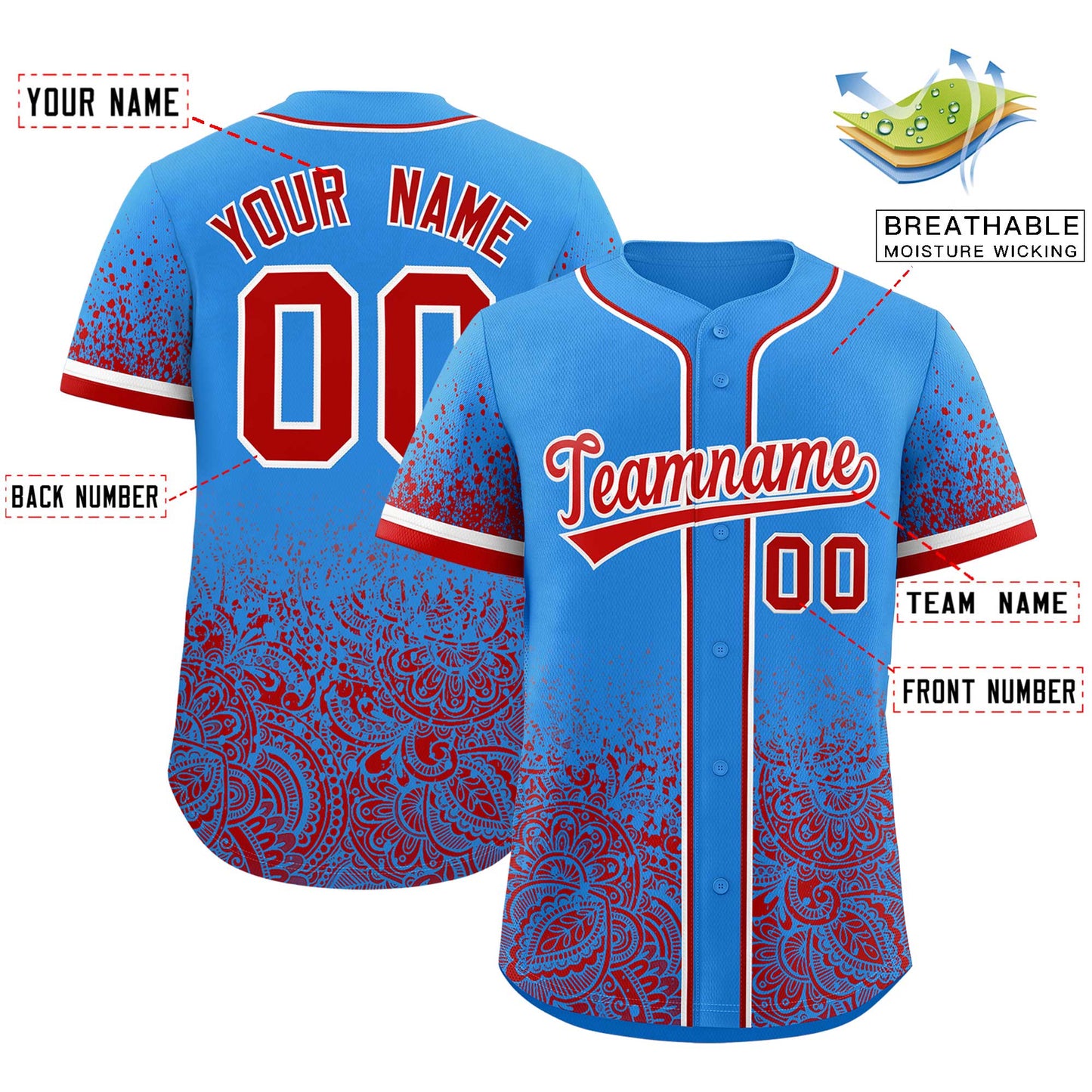 Custom Light Blue Red Floral Print Pattern Full Button Gradient Fashion Baseball Jersey Limited