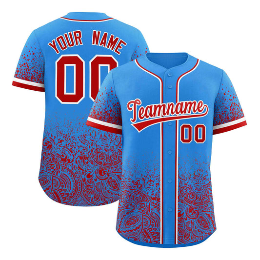Custom Light Blue Red Floral Print Pattern Full Button Gradient Fashion Baseball Jersey