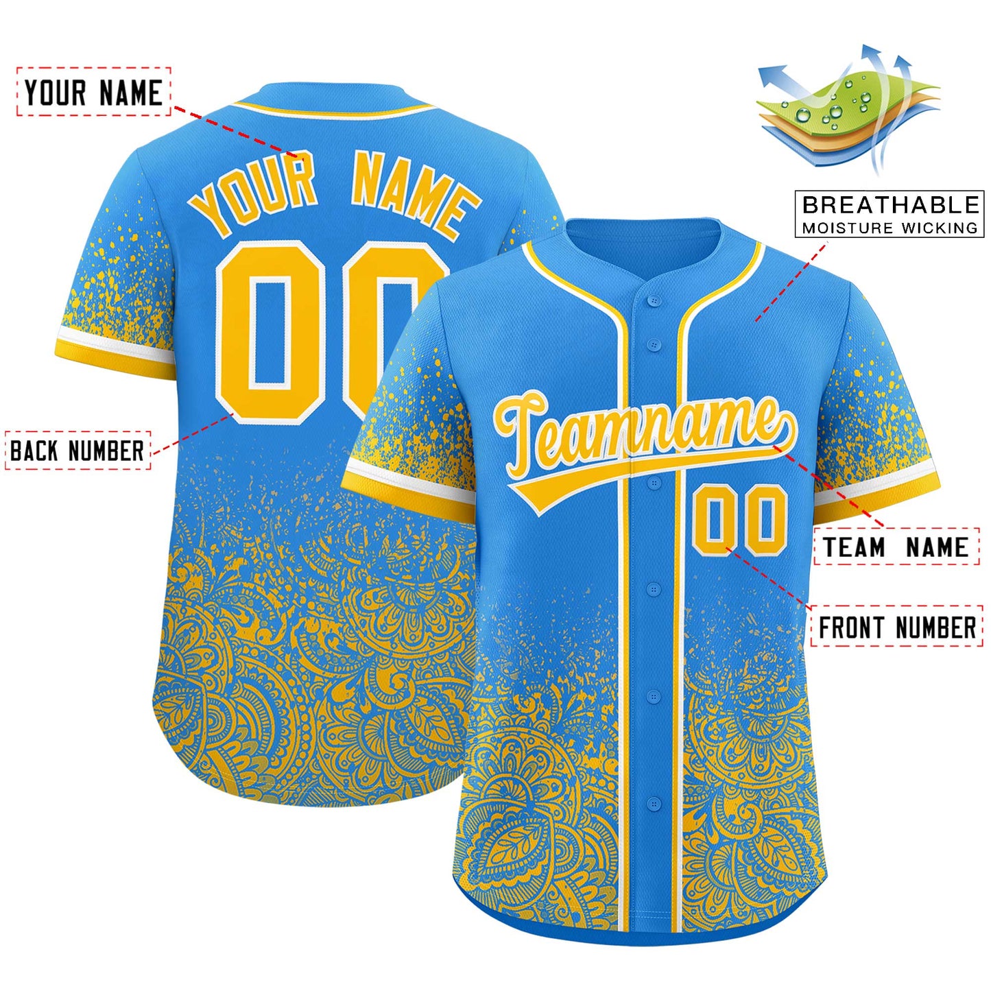 Custom Light Blue Yellow Floral Print Pattern Full Button Gradient Fashion Baseball Jersey Limited