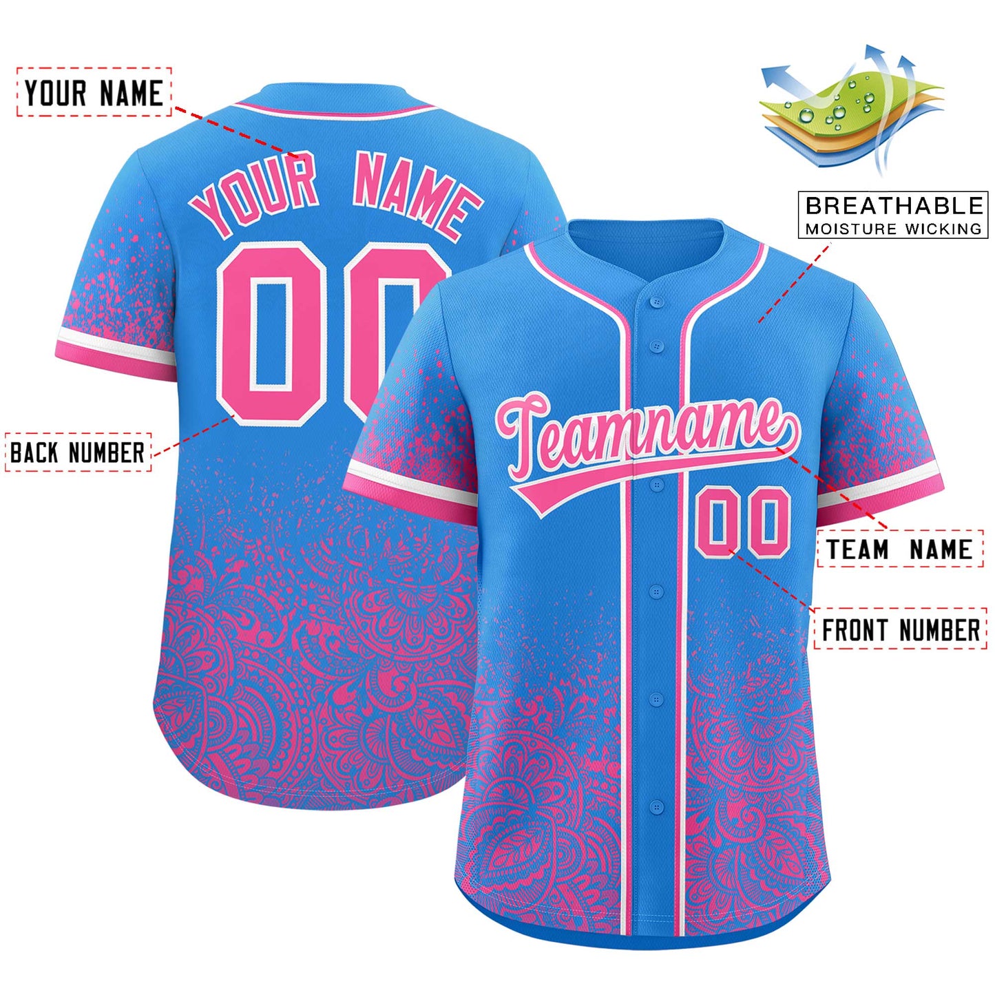 Custom Light Blue Pink Floral Print Pattern Full Button Gradient Fashion Baseball Jersey Limited