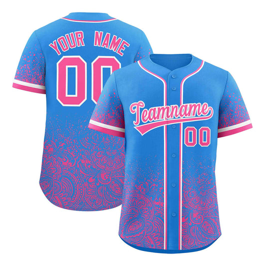 Custom Light Blue Pink Floral Print Pattern Full Button Gradient Fashion Baseball Jersey