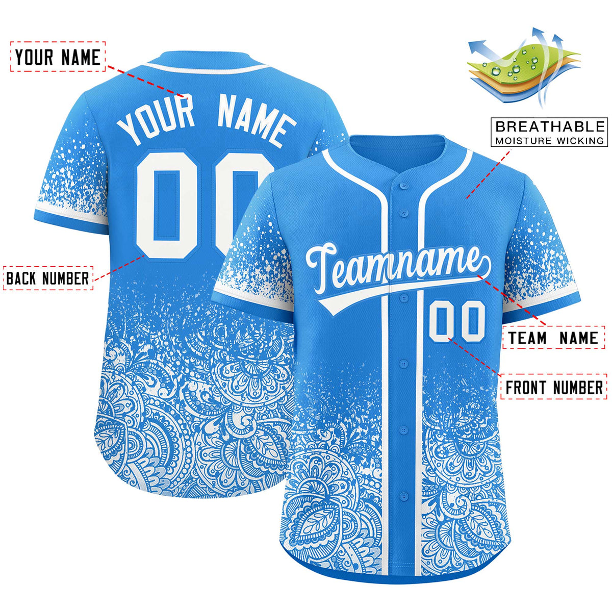 Custom Light Blue White Floral Print Pattern Full Button Gradient Fashion Baseball Jersey Limited