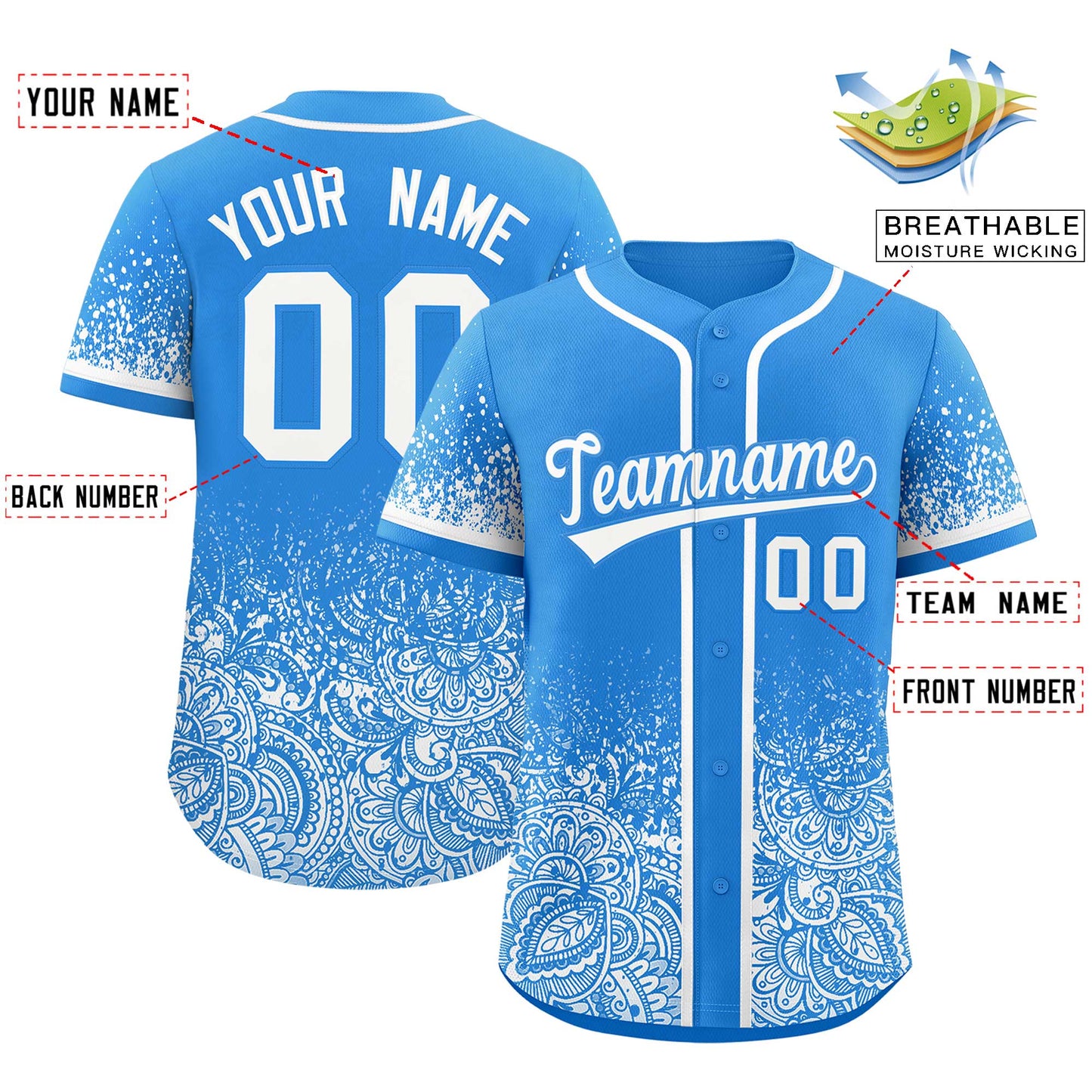Custom Light Blue White Floral Print Pattern Full Button Gradient Fashion Baseball Jersey Limited