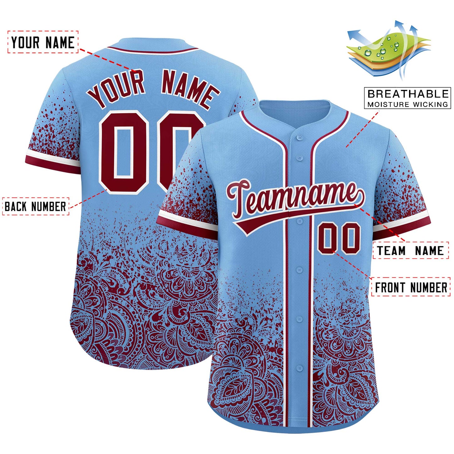 Custom Powder Blue Crimson Floral Print Pattern Full Button Gradient Fashion Baseball Jersey Limited