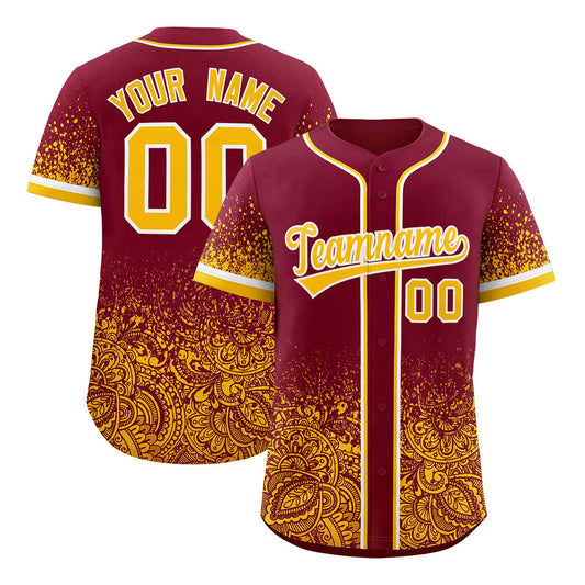Custom Crimson Yellow Floral Print Pattern Full Button Gradient Fashion Baseball Jersey